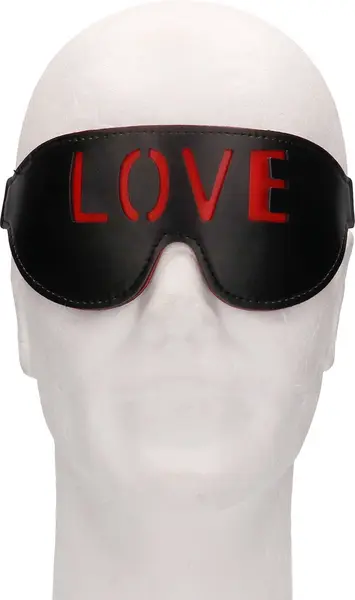 Ouch! Leather Blindfold LOVE Cutout Red-Black Design Adjustable Strap