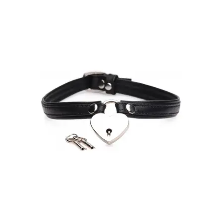 XR Brands Master Series Heart Lock PU Leather Choker Black 18.25in