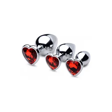 XR Brands crveni srčani metalni set čepova - 3 veličine, sa rubinskim draguljima