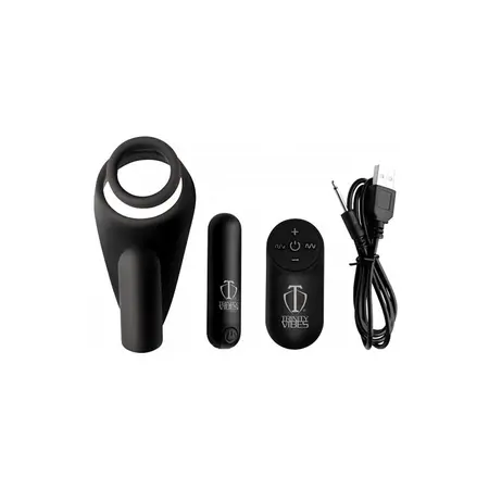 XR Brands Silicone Black Vibrating Ring System with Wireless Control