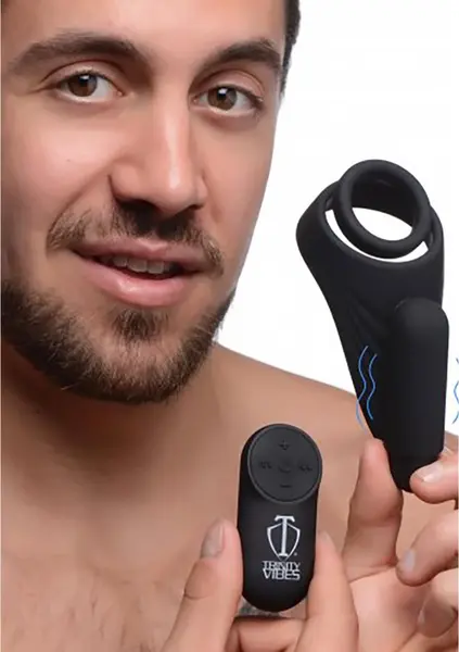 XR Brands Silicone Black Vibrating Ring System with Wireless Control