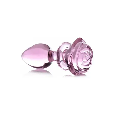 XR Brands Pink Rose stakleni intimni čep veliki - umetnički borosilikatni