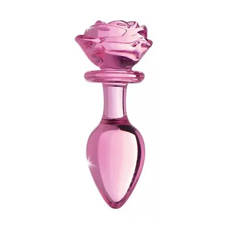 XR Brands Pink Rose stakleni intimni čep veliki - umetnički borosilikatni