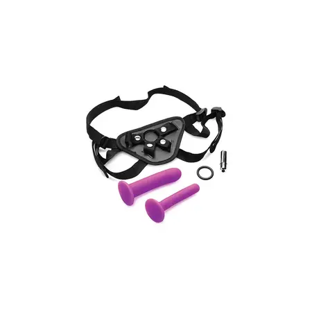 XR Brands Double-G Deluxe Vibrirajući strap-on sistem Ljubičasti set