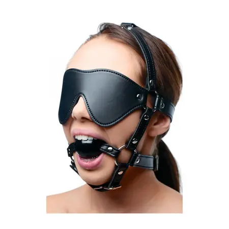 XR Brands Strict pojas sa maskom za oči i podesivim kuglastim čepom za usta, crna
