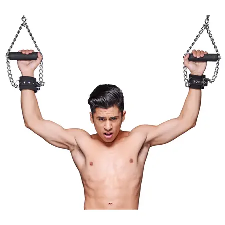 Strict Nubuck Leather Cuffs with Faux Fur Lining & Grip Handle, Black