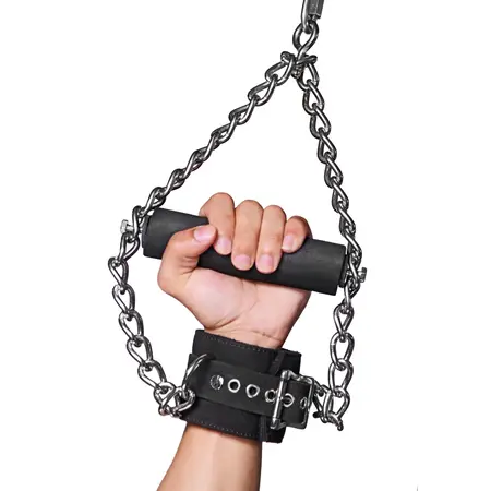 Strict Nubuck Leather Cuffs with Faux Fur Lining & Grip Handle, Black