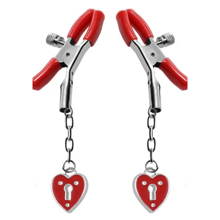 Master Series Charmed Heart Adjustable Nipple Clamps Red Metal 4in