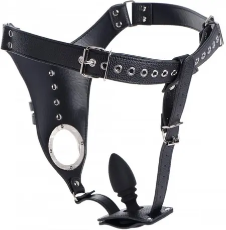 XR Brands Master Series Leather Chastity Harness with Silicone Plug, Adjustable