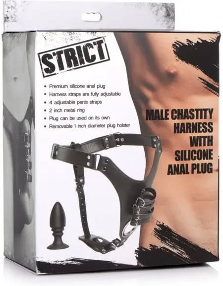 XR Brands Master Series Leather Chastity Harness with Silicone Plug, Adjustable