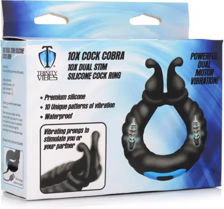 Cobra Dual Stimulation Silicone Ring with 10 Vibration Modes, Black