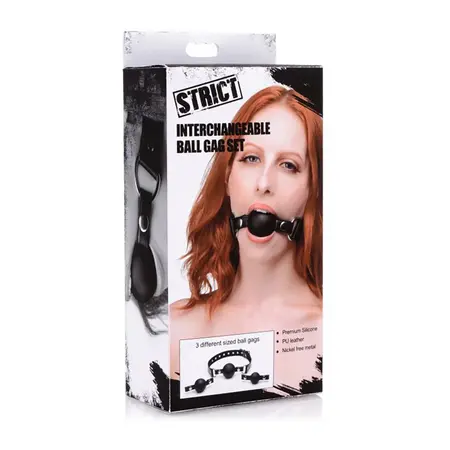 XR Brands Interchangeable Silicone Ball Gag Set Adjustable Strap Black