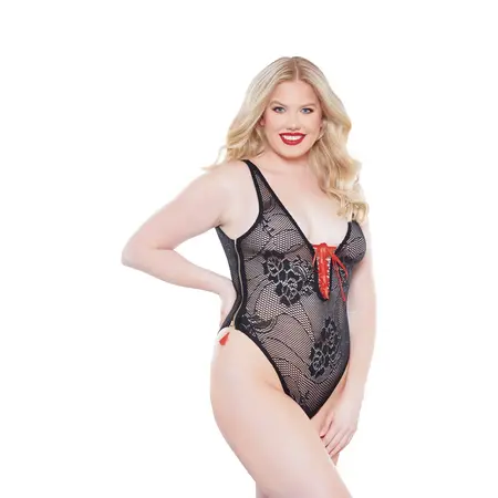 Dreamgirl Daizy Teddi Plus Size, Crveni i Zlatni Akcenti, Duboki V-Izrez