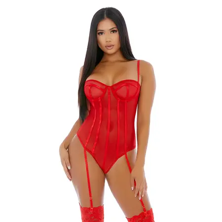 Rene Rofe Sheer Up Mesh Teddy L Red - Adjustable Straps & Garter Detail