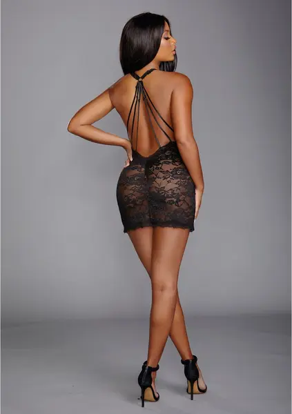 Rene Rofe Lace Chemise S Adjustable Strappy Back & G-String Set Black