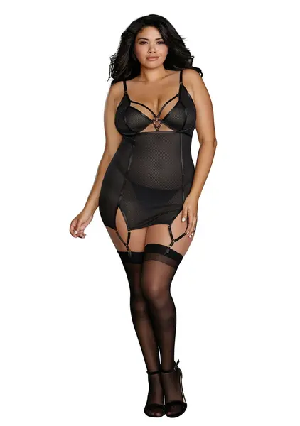 Dreamgirl Power Mesh Garter Slip 1X - Fishnet & Gold Detail Set