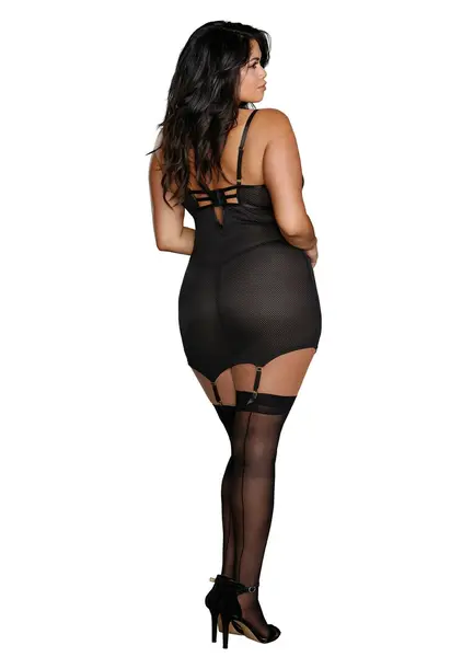 Dreamgirl Power Mesh Garter Slip 1X - Fishnet & Gold Detail Set