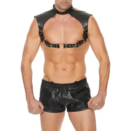 Kinksters Leather Adjustable Harness with Neck Collar, Black, Universal Size