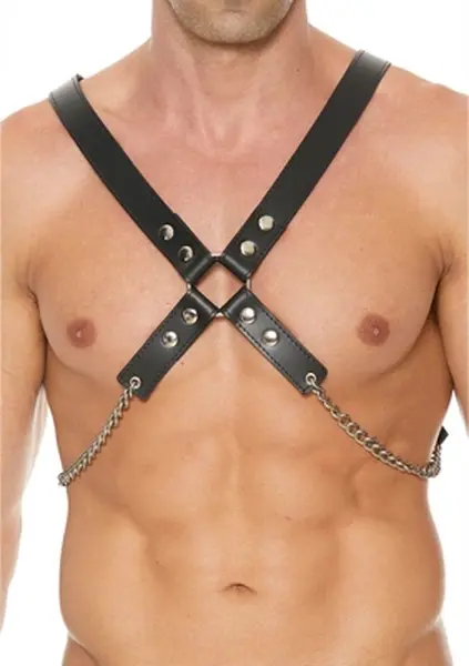 ZADO Men's Leather & Chain Adjustable Chest Harness Black/Silver