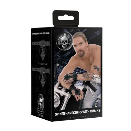 Ouch! Spiked Black Metal Handcuffs with Chains - Adjustable Restraint System