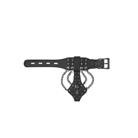 OUCH! Skull Chain Black Leather Bracelet, Adjustable, Metal Accents