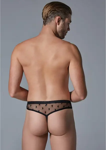 Male Power Star Motif Ultra Sheer Thong Brief L/XL - Black Mesh