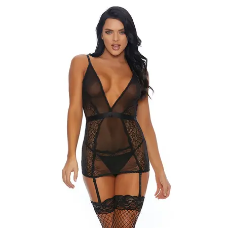 A Sheer Thing Nightgown with Garter Straps & Tights Set S