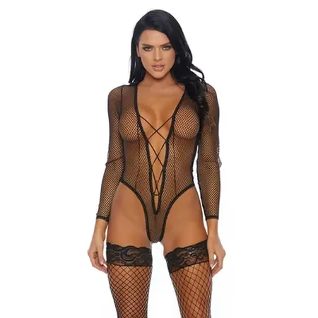 Escante Caught Being Naughty Long Sleeve Lace-Up Teddy L Black