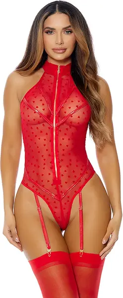 Eat Your Heart Out Mesh Teddy M - High Neck, Flocked Heart, Garter Straps