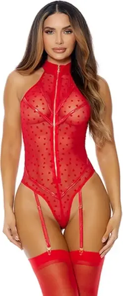 Leg Avenue Eat Your Heart Out Mesh Bodysuit with Heart Detail L