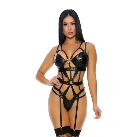 X Marks The Spot XL Teddy Crni - Lingerie od veštačke kože sa leopard uzorkom