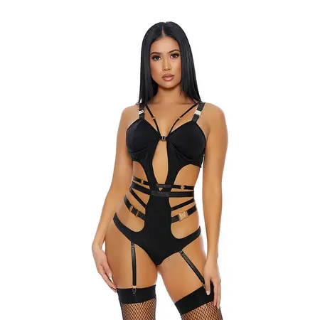 We Click Lingerie Set M - Strappy Stretch Teddy with Gold Accents