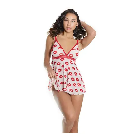 Dreamgirl Lip Print Babydoll Set White One Size - Lightweight Mesh Design