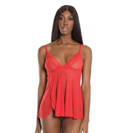 Dreamgirl Lace Trim Babydoll & Thong Set Adjustable Straps One Size