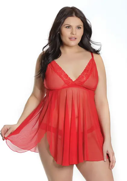 Dreamgirl Lace Trim Babydoll & Thong Set Adjustable Straps One Size