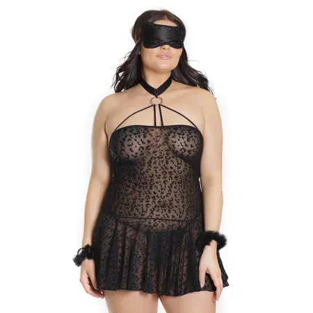 Dreamgirl Leopard Print Babydoll Set with Cuffs and Eye Mask One Size