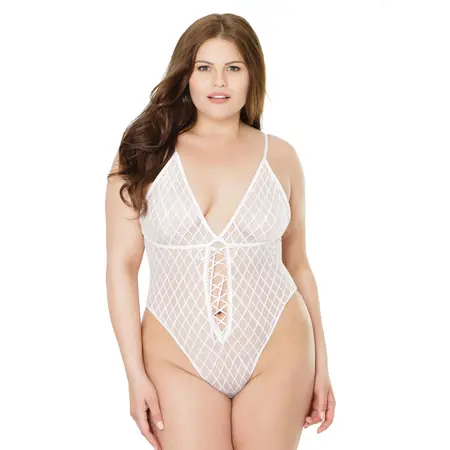 Dreamgirl Mesh High Cut Bodysuit with Lace-Up Detail One Size