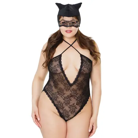 Leg Avenue Plus Size Lace Open-Back Teddy & Cat Mask Set Black