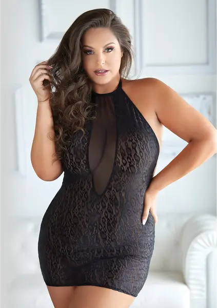 Leg Avenue Halter Dress Leopard Mesh Plus Size 2X/3X Adjustable Back