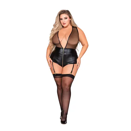 Dreamgirl Zipper Garter Teddy 2X - Elegant Black Lace Bodysuit with Garters