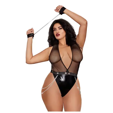 Dreamgirl Plus Size Faux-Leather Plunge Halter Bodysuit Black