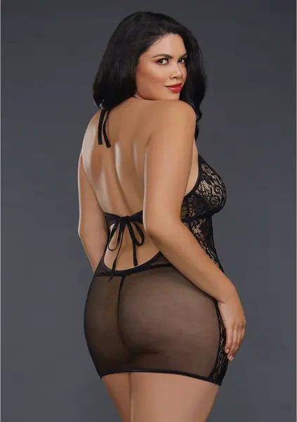 Dreamgirl Plus Size Fishnet & Floral Lace Chemise with High Neck Tie