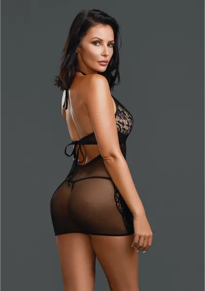 Elegant Moments Fishnet & Lace Chemise, One Size, High Neck Design