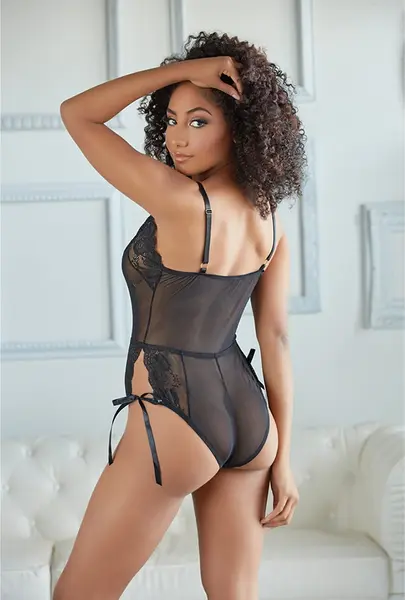 Dreamgirl S/M Elegant Lace Mesh Tie-Up Romper with Adjustable Straps