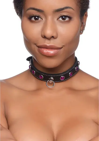 Royal Vixen Leather Collar with Rhinestones Adjustable Black-Purple 18.5in
