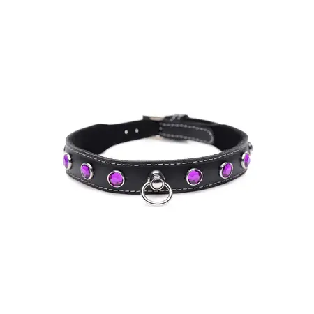 Royal Vixen Leather Collar with Rhinestones Adjustable Black-Purple 18.5in