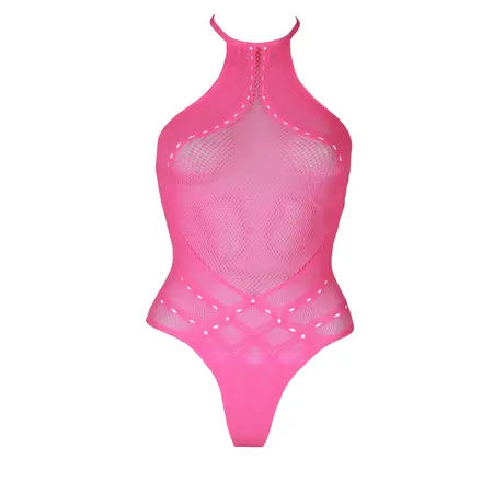 Shots Neon Halter Neck UV-Activated Bodysuit Neon Pink, Size XS/XL
