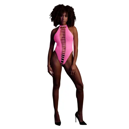 Neon High-Cut Bodysuit od Shots - UV Reaktivan, Rastegljiv, Neon Roze/Zelen