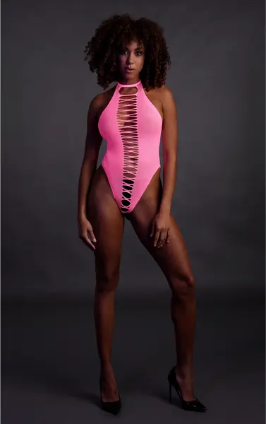 Neon High-Cut Bodysuit od Shots - UV Reaktivan, Rastegljiv, Neon Roze/Zelen