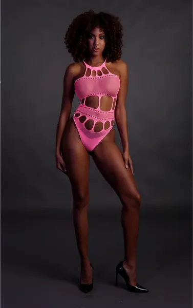 OUCH! Neon Bodysuit sa Grčkim Dekoltom - UV Reaktivan, Neon Roze/Zelen